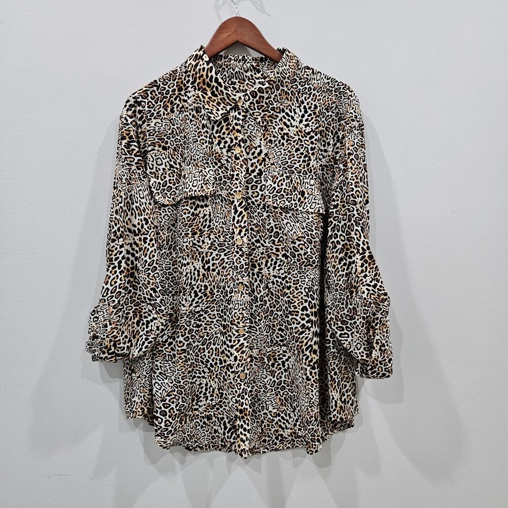 Jones New York Womens Leopard Button Up Shirt Plus Size 2X Black Artsy Mob Wife